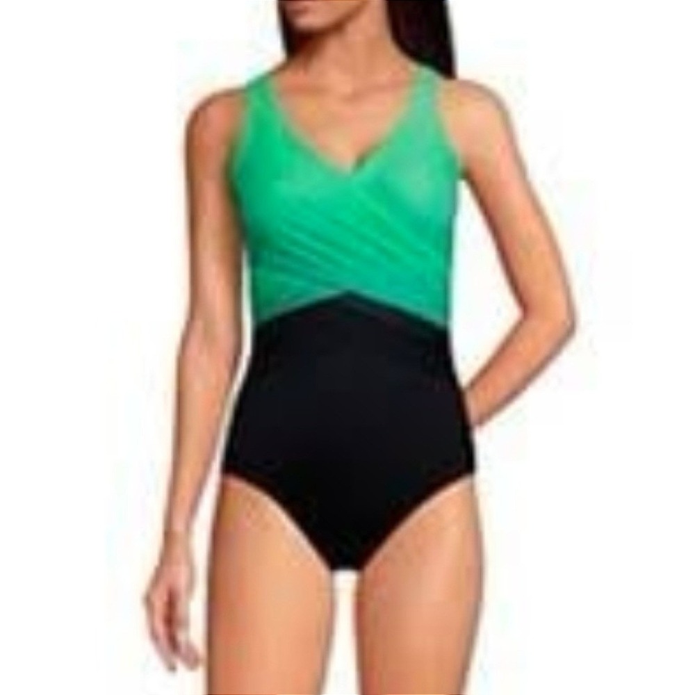 Lands End One Piece Swimsuit 10 Green Ombre Surplice Wrap Ruched Beach Resort
